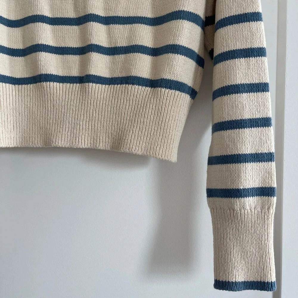 Veronica Beard Noorie Cardigan Sz Medium Ivory Blue Striped Cotton Chic Classic - Picture 16 of 16